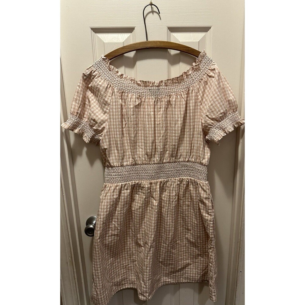 J.Crew Smocked 100% Cotton Puff-Sleeve Lined Poplin Dress Tan White Gingham Sz M - Picture 14 of 16